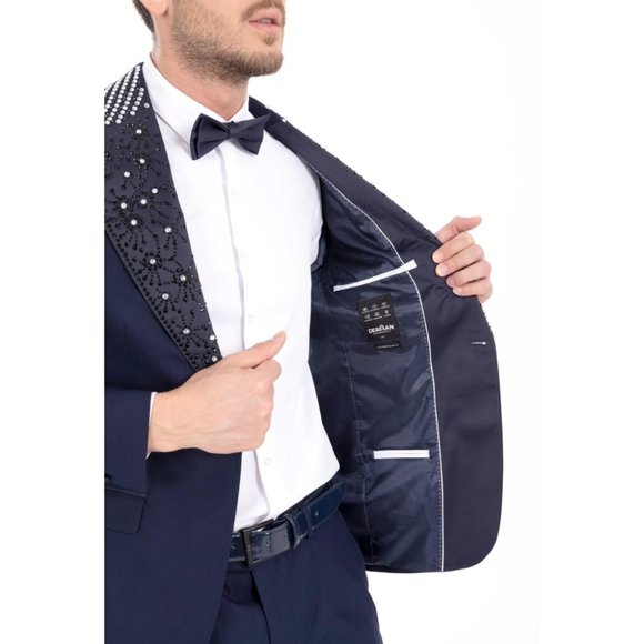 Derman Navy Stone Embroidered Collar Tuxedo 2 Piece - Picture 6 of 6